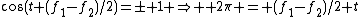 \cos(t (f_1-f_2)/2)=\pm 1 \Rightarrow  2\pi = (f_1-f_2)/2 t