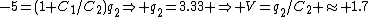 -5=(1+C_1/C_2)q_2\Rightarrow q_2=3.33 \Rightarrow V=q_2/C_2 \approx 1.7