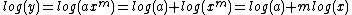 log(y)=log(ax^m)=log(a)+log(x^m)=log(a)+mlog(x)